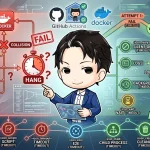 CI環境でDockerがエフェメラルポート競合により失敗・ハングする様子と、開発者が示すリトライ設計のフロー図。GitHub Actions上でポート変更により問題を解決し、最終的に成功する過程、E2Eテストのプロセスを示す。