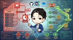 CI環境でDockerがエフェメラルポート競合により失敗・ハングする様子と、開発者が示すリトライ設計のフロー図。GitHub Actions上でポート変更により問題を解決し、最終的に成功する過程、E2Eテストのプロセスを示す。
