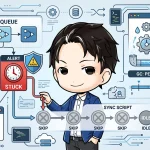 ジョブキューの処理が停止し「STUCK」と表示される状況、その停止時間を監視する画面、GCの定期実行プロセス、そして「SKIP」を13日間続けた同期スクリプトが描かれている。担当者がスキップ処理を指し、記事で紹介される問題と対策を視覚的に説明している。