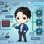 CI環境でDockerコンテキストのずれにより処理が失敗する様子と、複数のDocker実装（OrbStack、Colima、Desktop）をプローブして健全なDOCKER_HOSTを選択し、デプロイを成功させる流れが描かれています。問題と解決策を視覚的に示しています。
