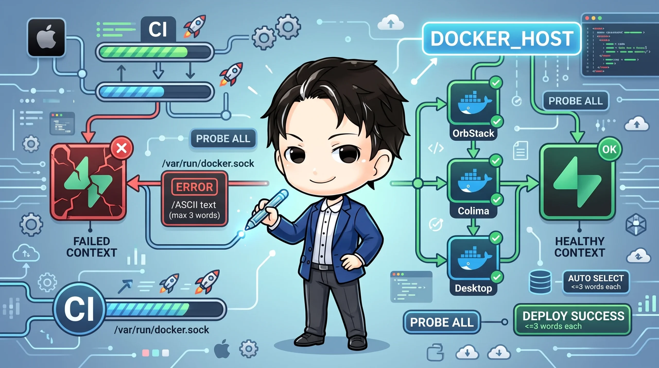 CI環境でDockerコンテキストのずれにより処理が失敗する様子と、複数のDocker実装（OrbStack、Colima、Desktop）をプローブして健全なDOCKER_HOSTを選択し、デプロイを成功させる流れが描かれています。問題と解決策を視覚的に示しています。