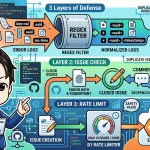 エラーログ自動起票システムでの重複Issueを防ぐ「3層の防御」を解説する図。開発者が指す先で、正規表現フィルターによるフィンガープリントの正規化、クローズ済みIssueの再発チェック、時間あたりの起票上限によるレートリミットの各プロセスが示されている。