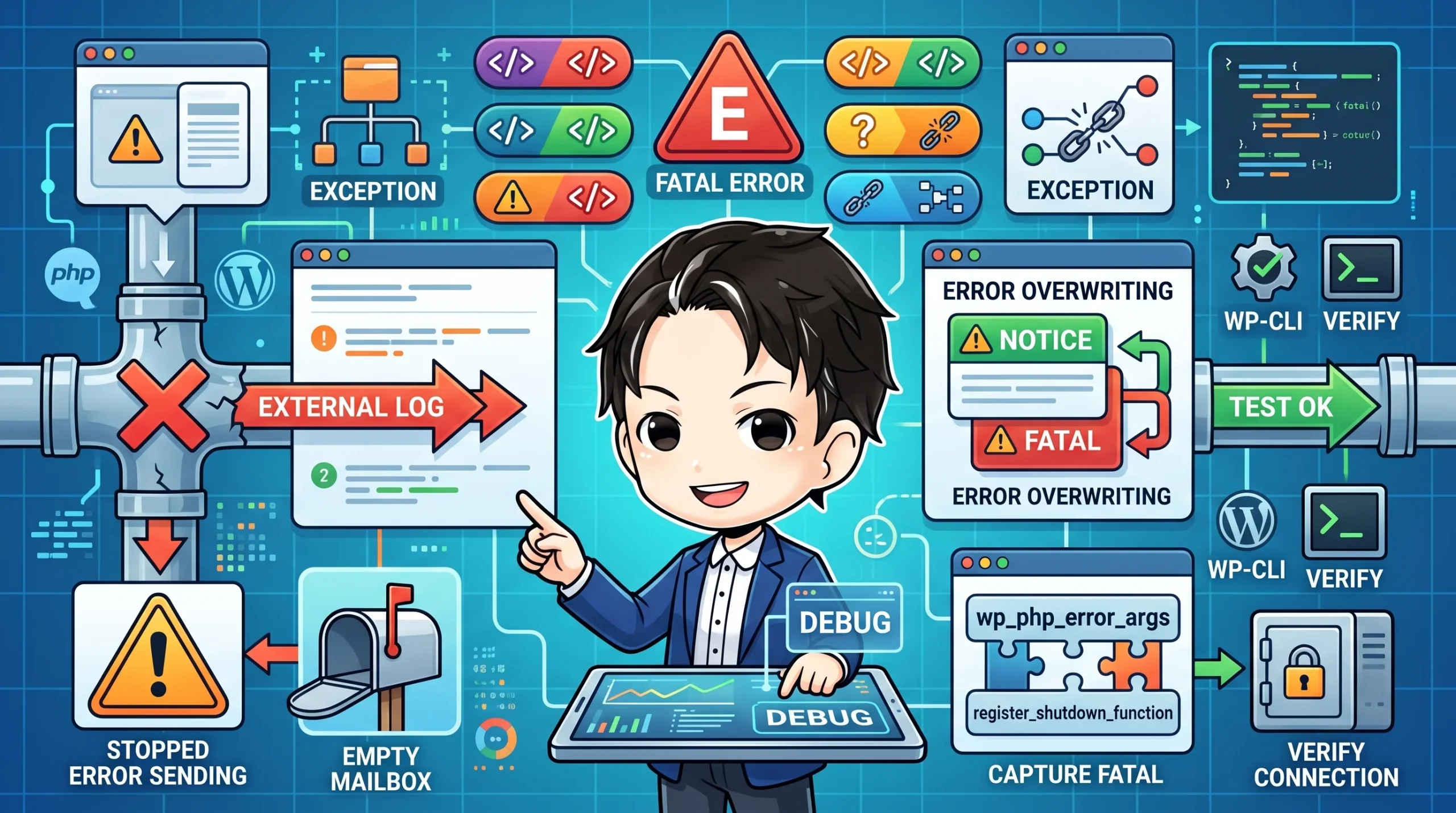 WordPressのエラー監視とデバッグの概念図。エラー送信停止、error_get_last()の上書き、Fatalエラー捕捉、WP-CLIによる疎通確認といった点検手順を、開発者がタブレットを使いデバッグする様子が描かれています。