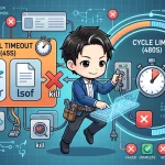 macOSの監視スクリプトがdockerやlsofでハングしないよう、個別の45秒と全体の480秒の二重タイムアウトを適用し、プログラマーが停止プロセスを強制終了してシステムを安定化させる様子。