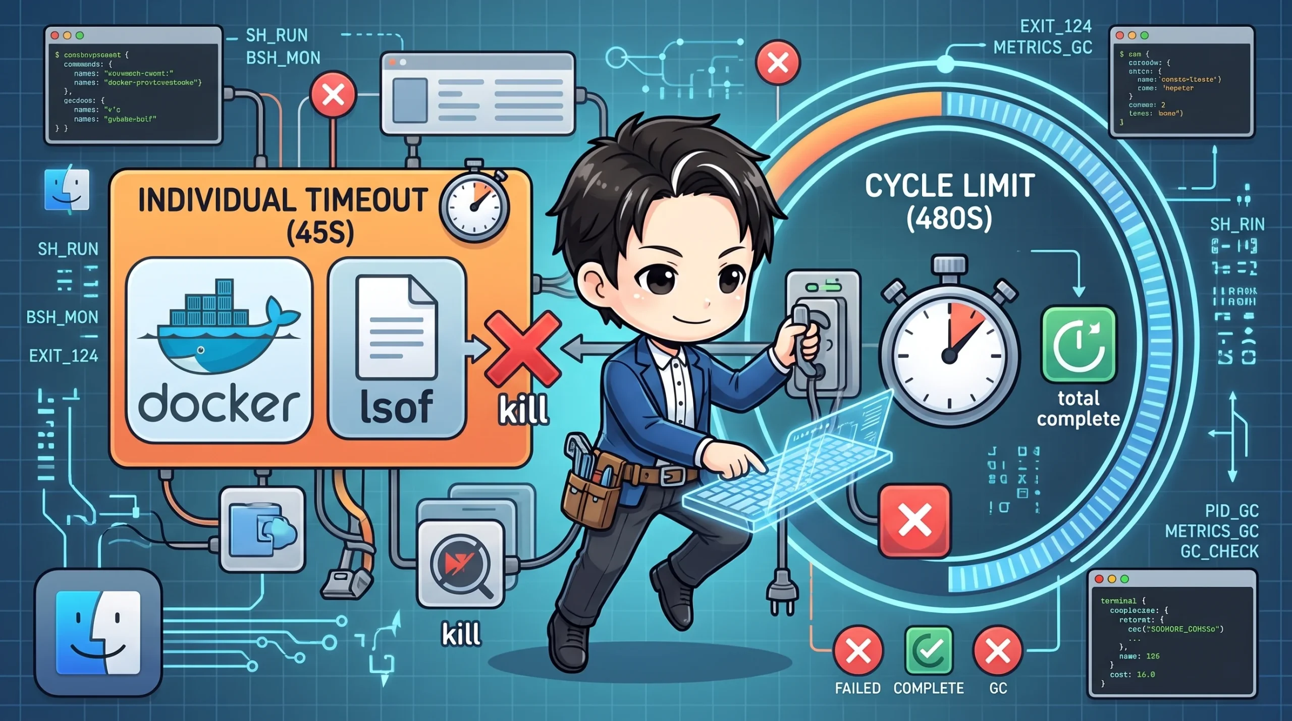 macOSの監視スクリプトがdockerやlsofでハングしないよう、個別の45秒と全体の480秒の二重タイムアウトを適用し、プログラマーが停止プロセスを強制終了してシステムを安定化させる様子。