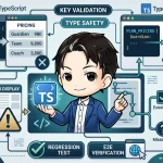 TypeScriptとReactを用いたSaaSの料金表示改善を示す図。仮料金表示の課題から、キー検証と型安全性により「料金未定」を正確に表示し、回帰・E2Eテストで品質を保証する流れを描写しています。