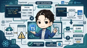 TypeScriptとReactを用いたSaaSの料金表示改善を示す図。仮料金表示の課題から、キー検証と型安全性により「料金未定」を正確に表示し、回帰・E2Eテストで品質を保証する流れを描写しています。