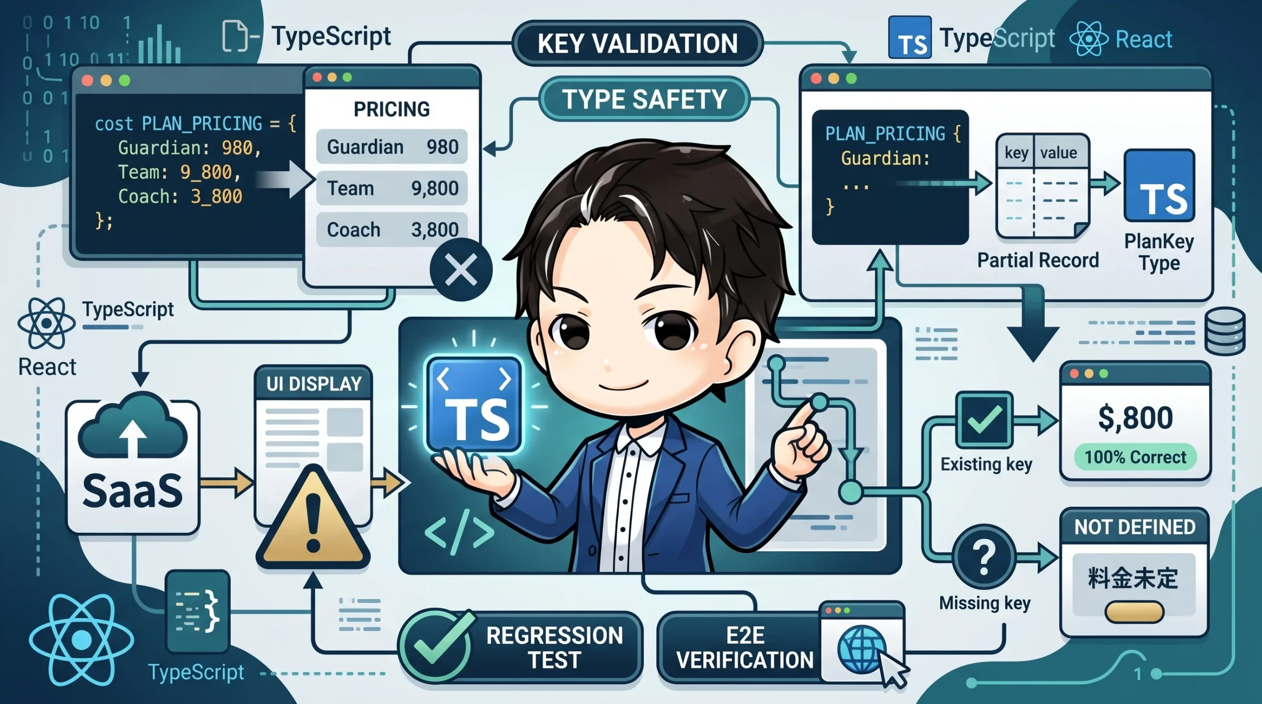 TypeScriptとReactを用いたSaaSの料金表示改善を示す図。仮料金表示の課題から、キー検証と型安全性により「料金未定」を正確に表示し、回帰・E2Eテストで品質を保証する流れを描写しています。