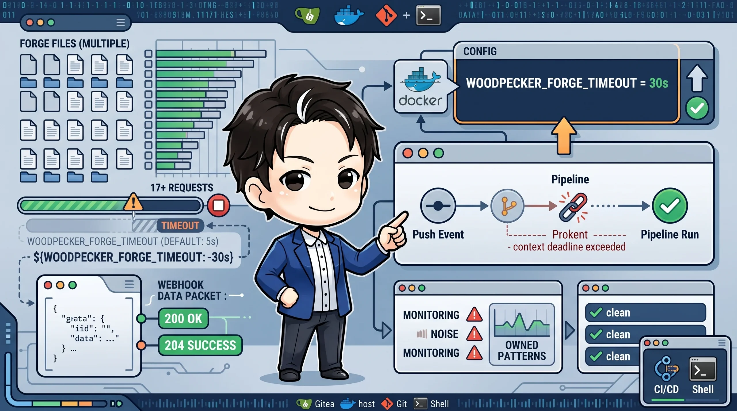 Woodpecker CIでパイプラインが生成されない問題の解説図。ファイル数が多いForgeでのタイムアウトによるパイプライン失敗、WOODPECKER_FORGE_TIMEOUTの環境変数での変更、および監視スクリプトの改善が描かれている。