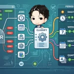 cron監視の「OR判定」による課題（左）と、ジョブを周期クラス（日次・週次・月次・四半期）に分類し、適切な期間で成功を評価する新しい死活監視の設計フロー（右）を対比して示した図です。中央のキャラクターがジョブ分類の役割を表現しています。