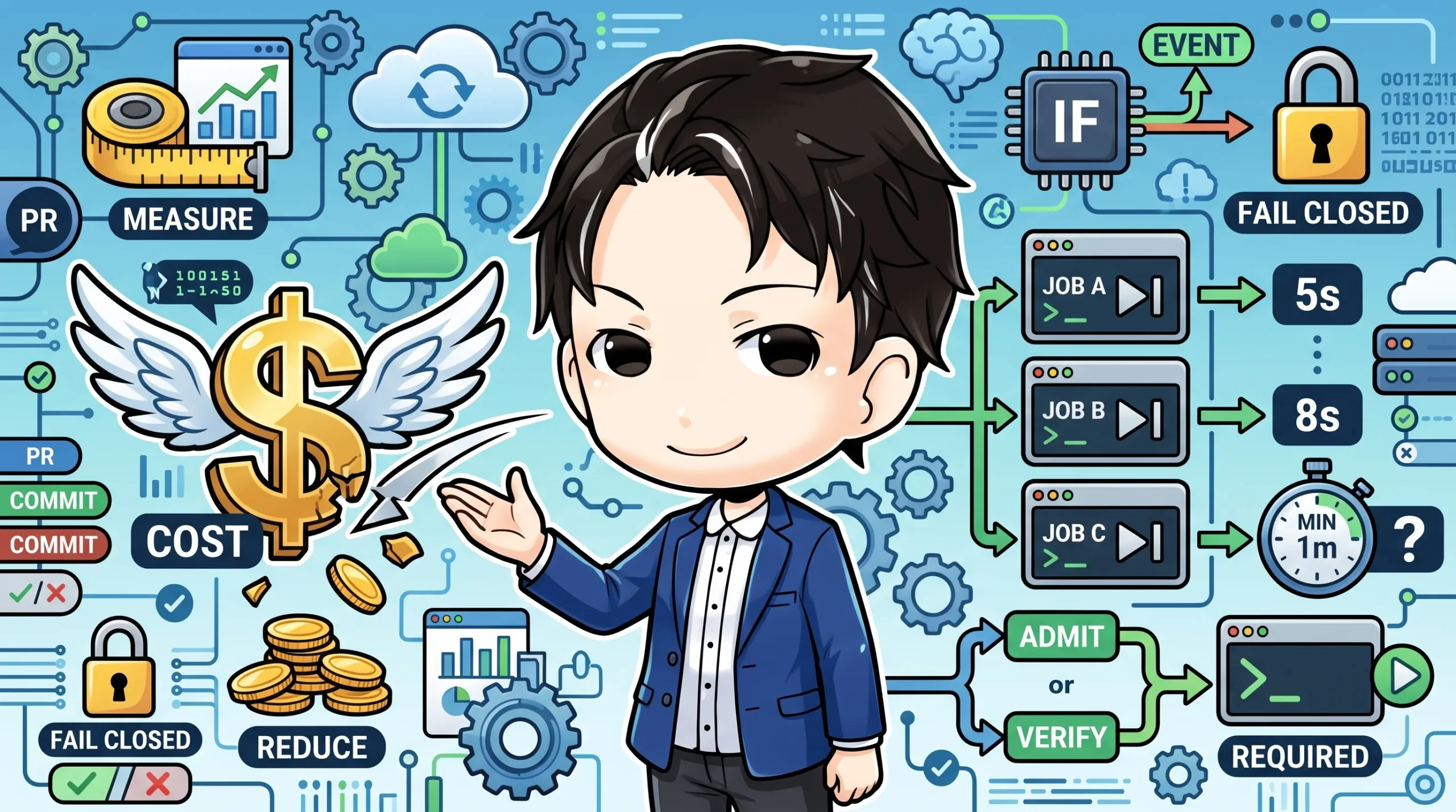 GitHub Actionsの課金削減のイラスト。中央の男性が、5秒等の短いジョブが1分課金される問題と、PRに対する「ADMIT or VERIFY」を安全に条件スキップしてコストを最適化する手法を説明している。