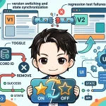 中央のプログラマーがON/OFFトグルボタンを持ち、お気に入り追加・解除の流れや、V1・V2間の状態同期の失敗、回帰テストの課題を図解しています。Reactでの状態管理、UI/UX、バージョン切り替えの落とし穴を説明する記事内容と関連しています。