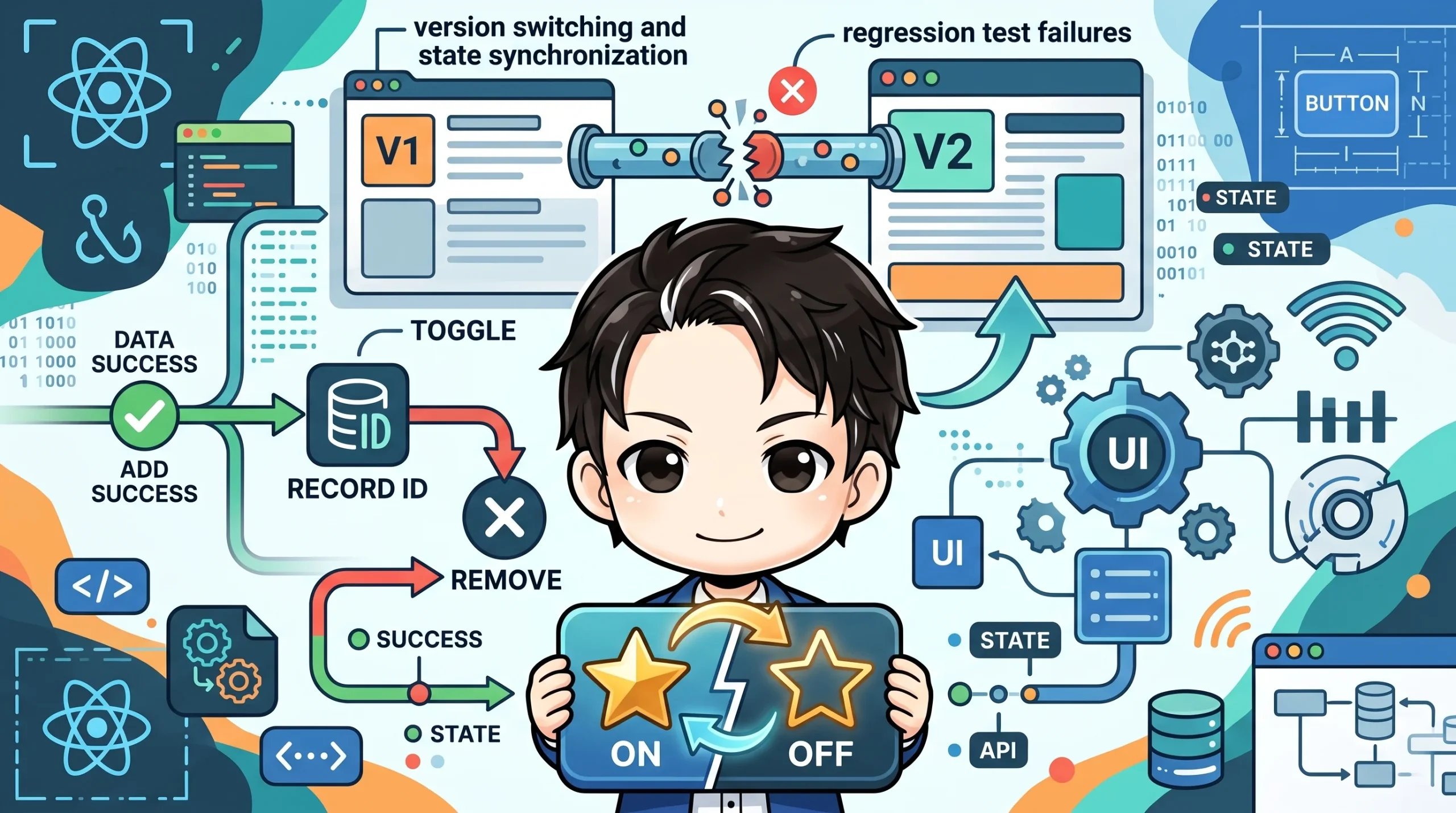 中央のプログラマーがON/OFFトグルボタンを持ち、お気に入り追加・解除の流れや、V1・V2間の状態同期の失敗、回帰テストの課題を図解しています。Reactでの状態管理、UI/UX、バージョン切り替えの落とし穴を説明する記事内容と関連しています。